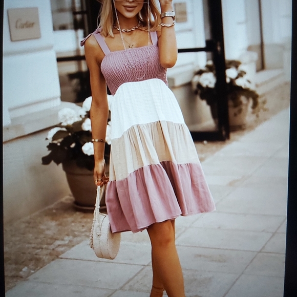 071. Multicolor Smocked Color Block Sleeveless Mini Dress Size S - Picture 3 of 8